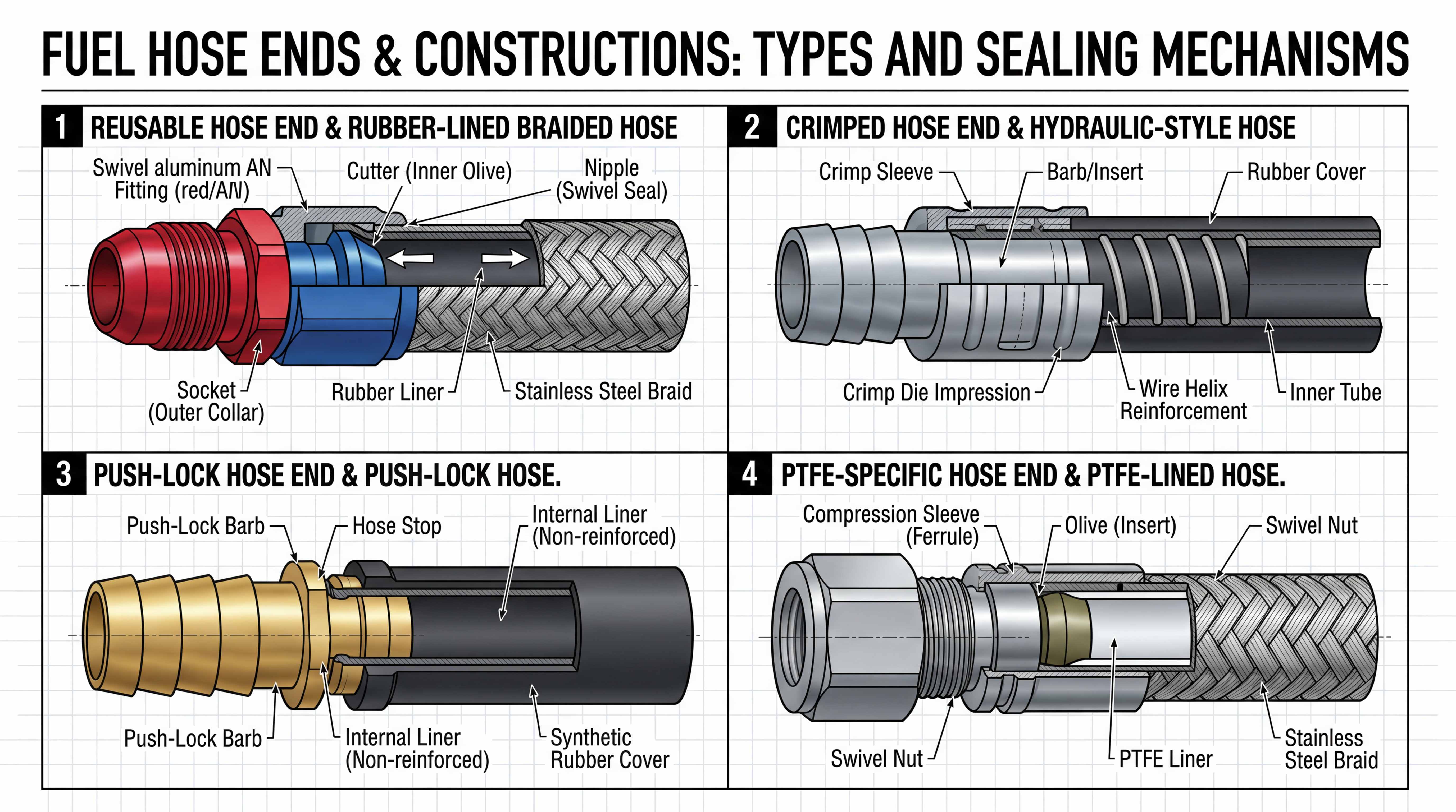 Fuel hose ends and sealing mechanism diagram comparing reusable hose ends, crimped ends, push-lock fittings and PTFE hose ends